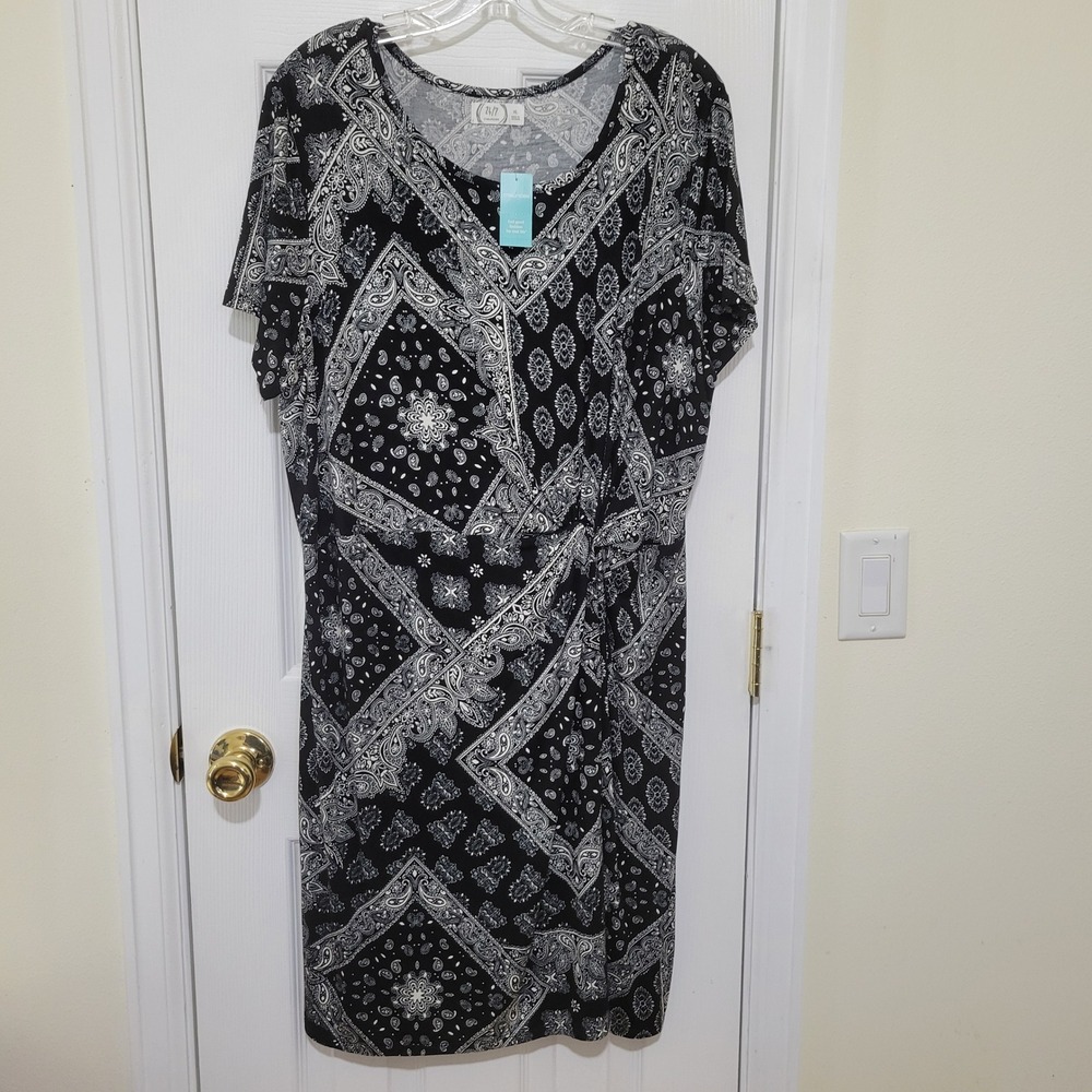Maurices‎ 24/7 Dress XL Black White Bandana Paisley Faux Wrap Knot Front NWT